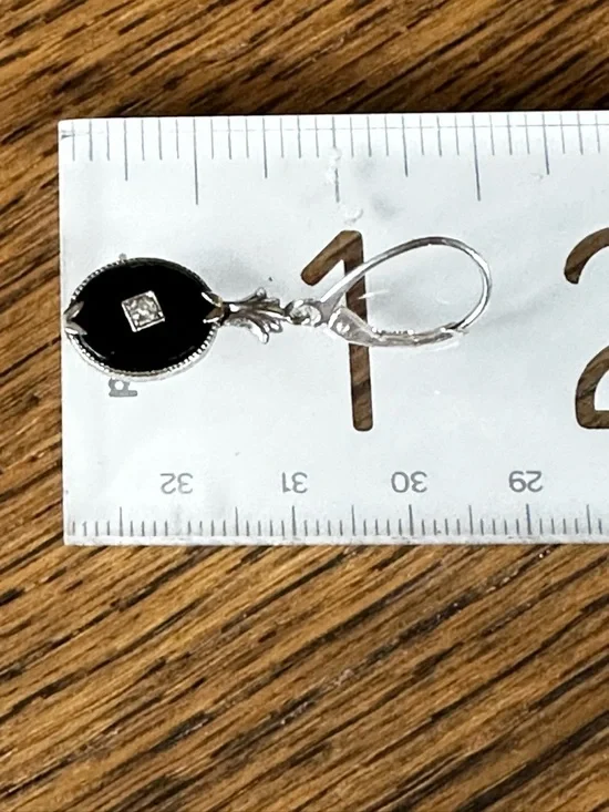 Art Deco Black Onyx & Diamond Earrings | Sterling Silver | Vintage - Picture 4 of 4